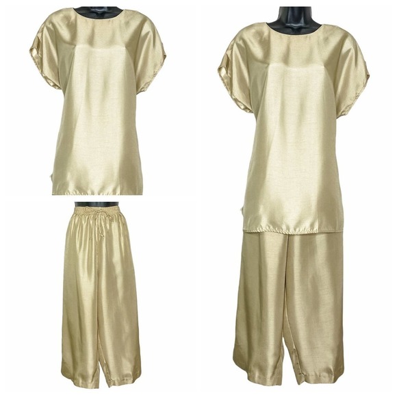 MAGGIE Sweet Champagne Colored Short Sleeve Satin Pajama Top & Bottom Set - Picture 1 of 13